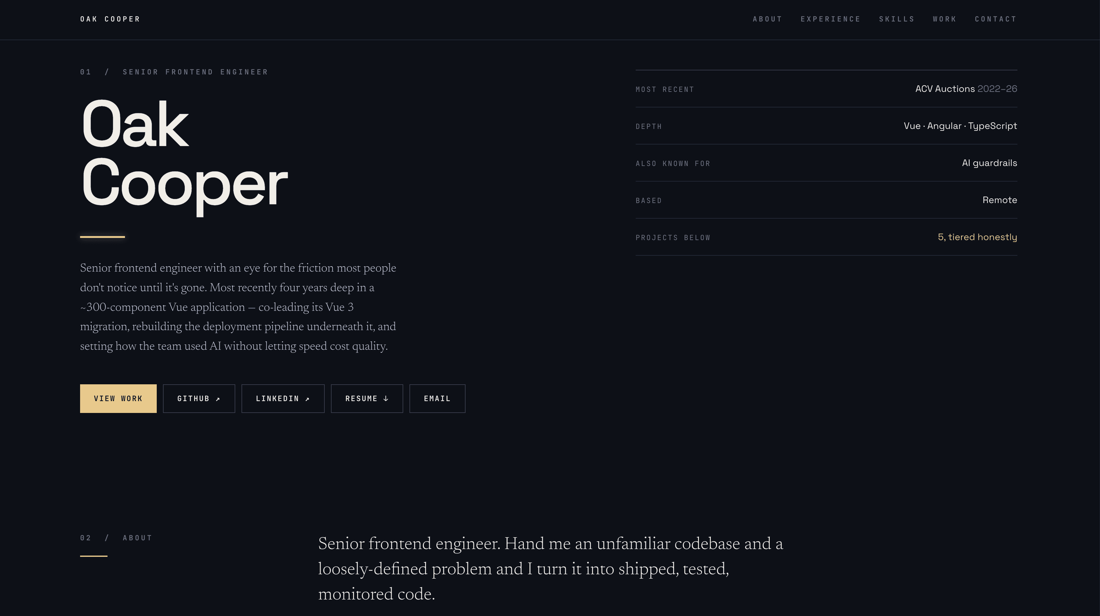 cooperage's hero section: name, role, a quick-reference panel, and the start of the About section below.