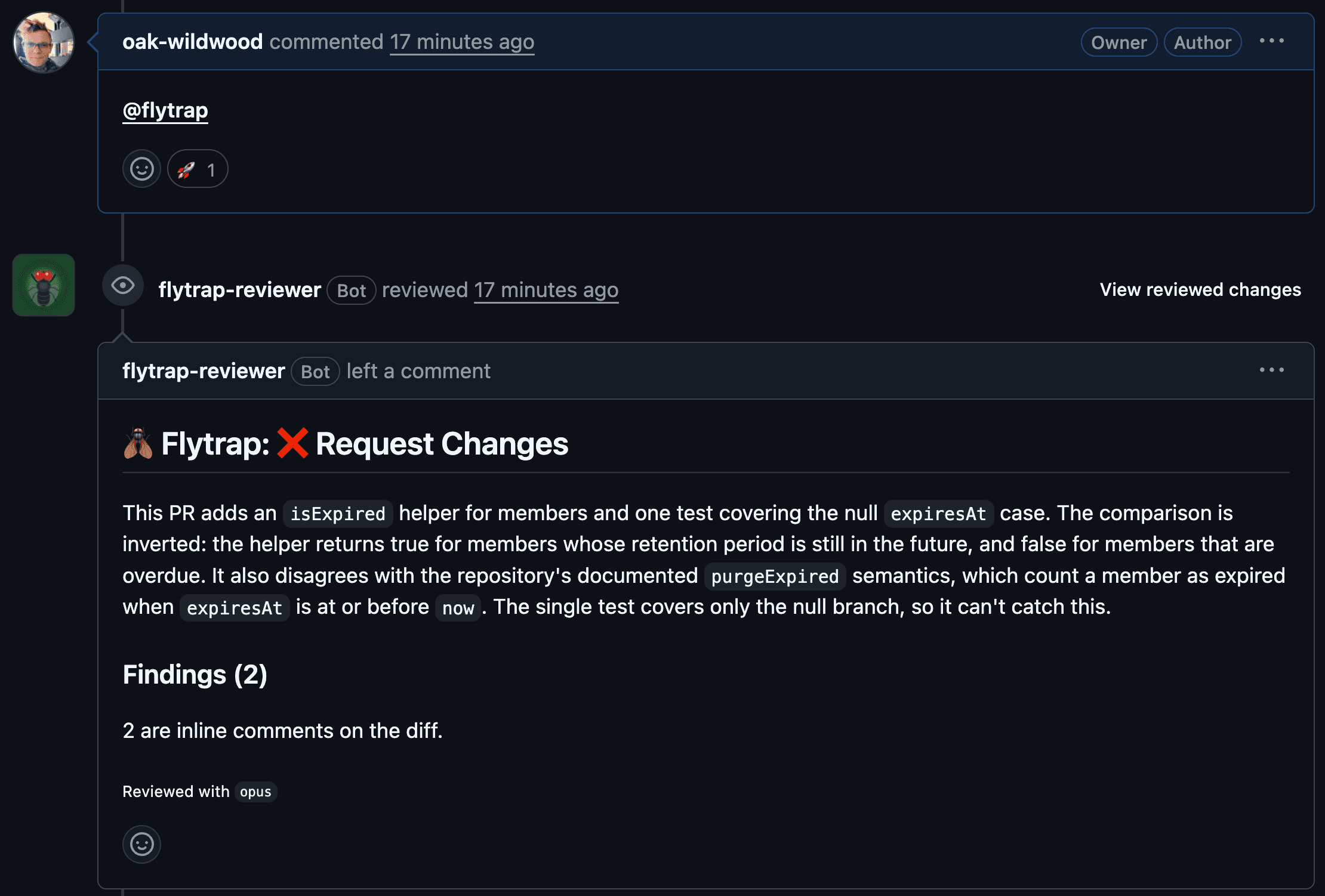 A pull request comment reading @flytrap, followed by Flytrap's review with a Request Changes verdict. The summary says an isExpired helper compares expiry dates backwards, and the review lists two findings.