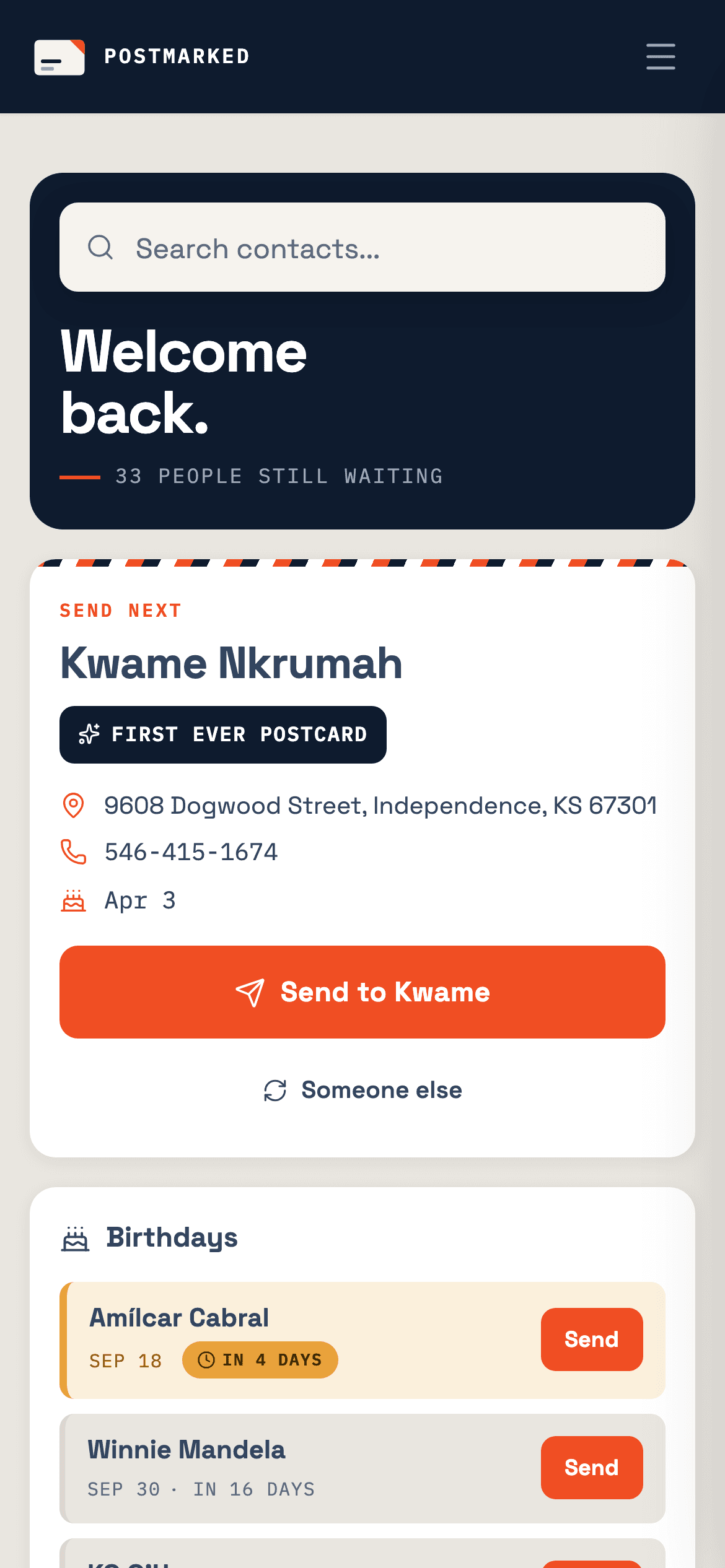 Postmarked's dashboard: who to send next, upcoming birthdays, and running totals of contacts, sent, and never-sent.